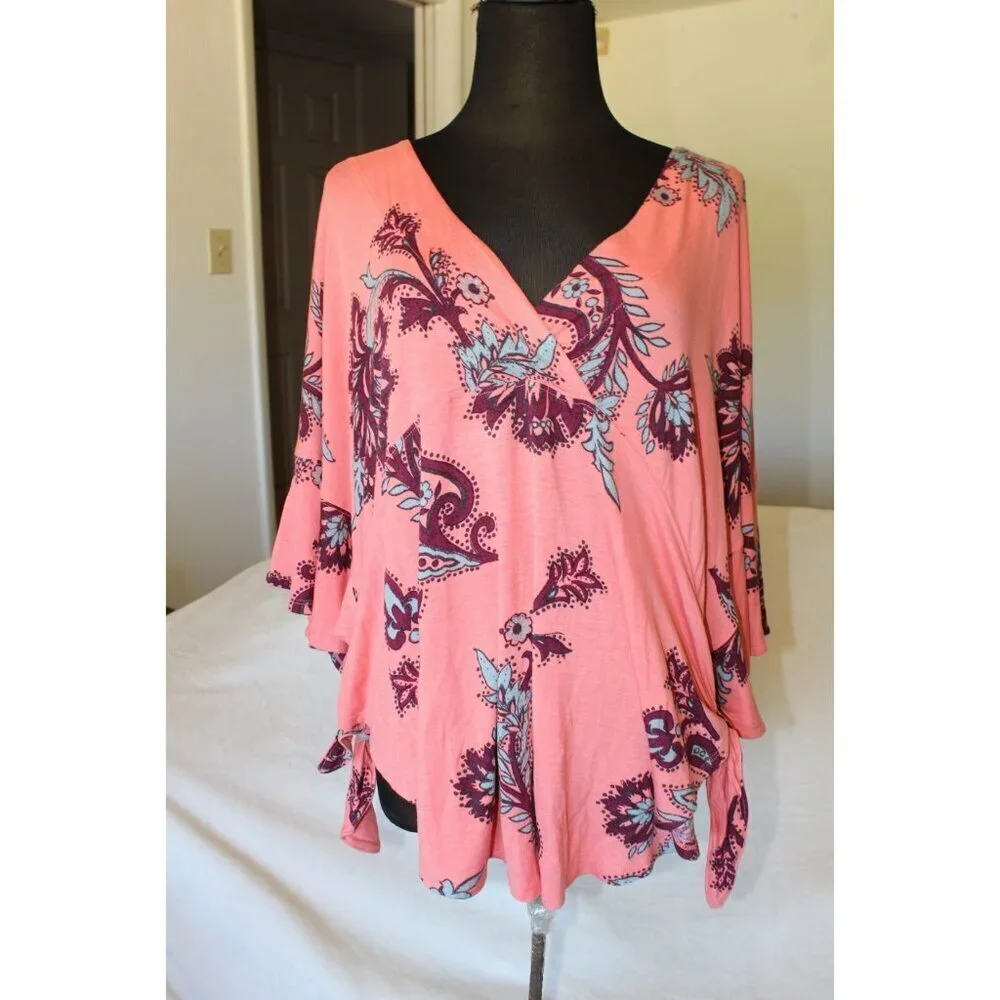 Free People Maui Wowie Paisley Flowy Blouse Size M/oversize Pink Top Casual